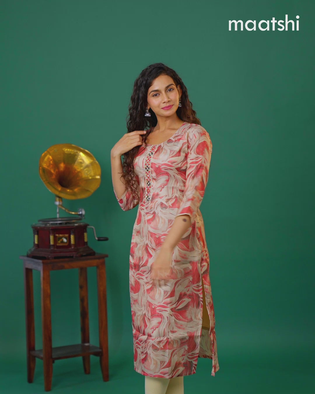 Tissue readymade kurti beige and pink shade with allover floral prints & beaded mirror work neck pattern and without pant