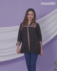 Cotton short kurti black with plain body & embroidery work collar neck pattern and without pant