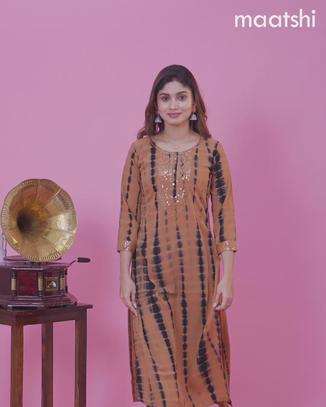 Chiffon kurti rust shade with tie and dye prints & sequin work neck pattern and without pant