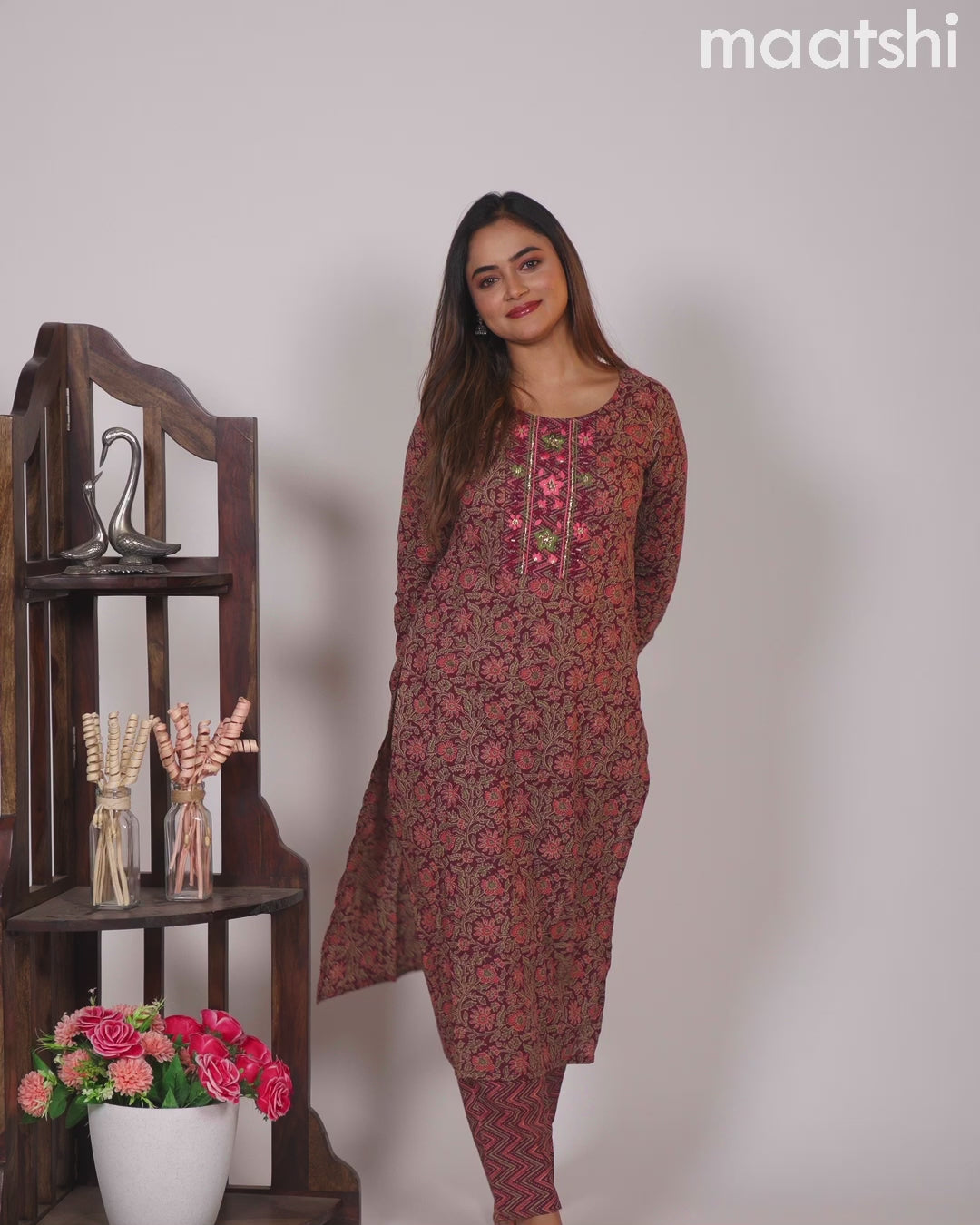 Cotton readymade kurti set maroon and pink with allover kalamkari prints & embroidery mirror work neck pattern and straight cut pant