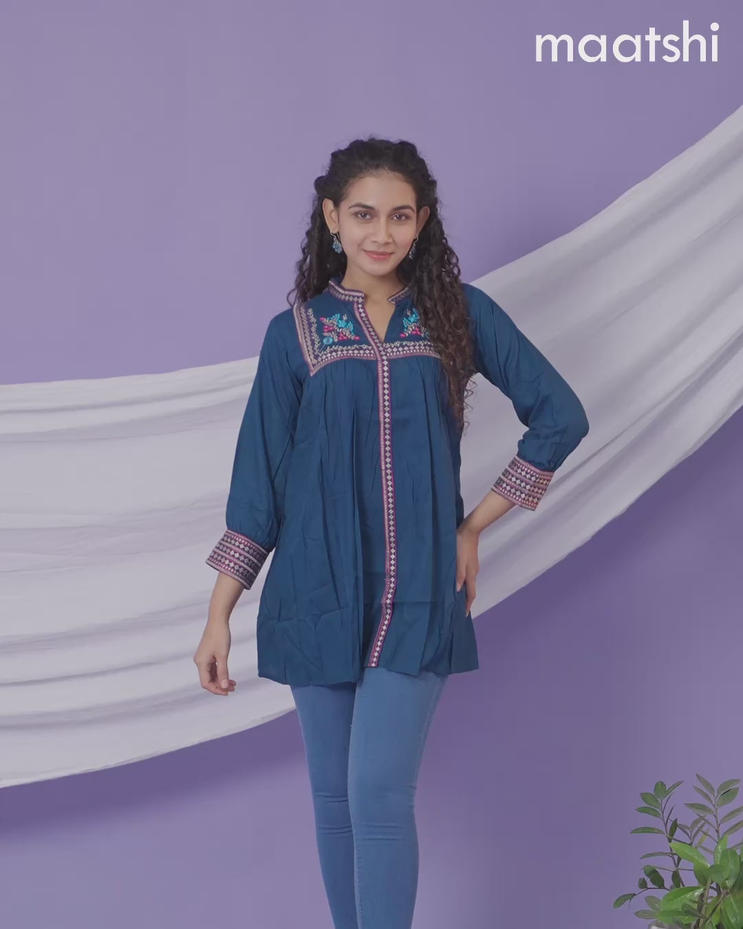 Cotton short kurti peacock blue with plain body & embroidery work collar neck pattern and without pant