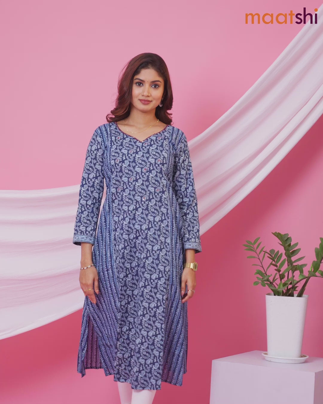 Cotton readymade A-line kurti navy blue and light blue woth allover prints & embroidery sequin work neck pattern and without pant