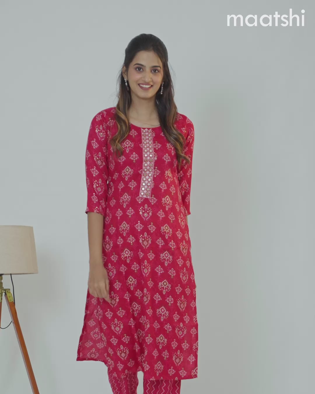 Rayon readymade kurti set pink with allover ikat prints &embroidery work neck pattern and straight cut pant