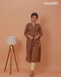 Cotton readymade kurti dark sandal and maroon with kalamkari prints & kantha stitch work neck pattern and without pant