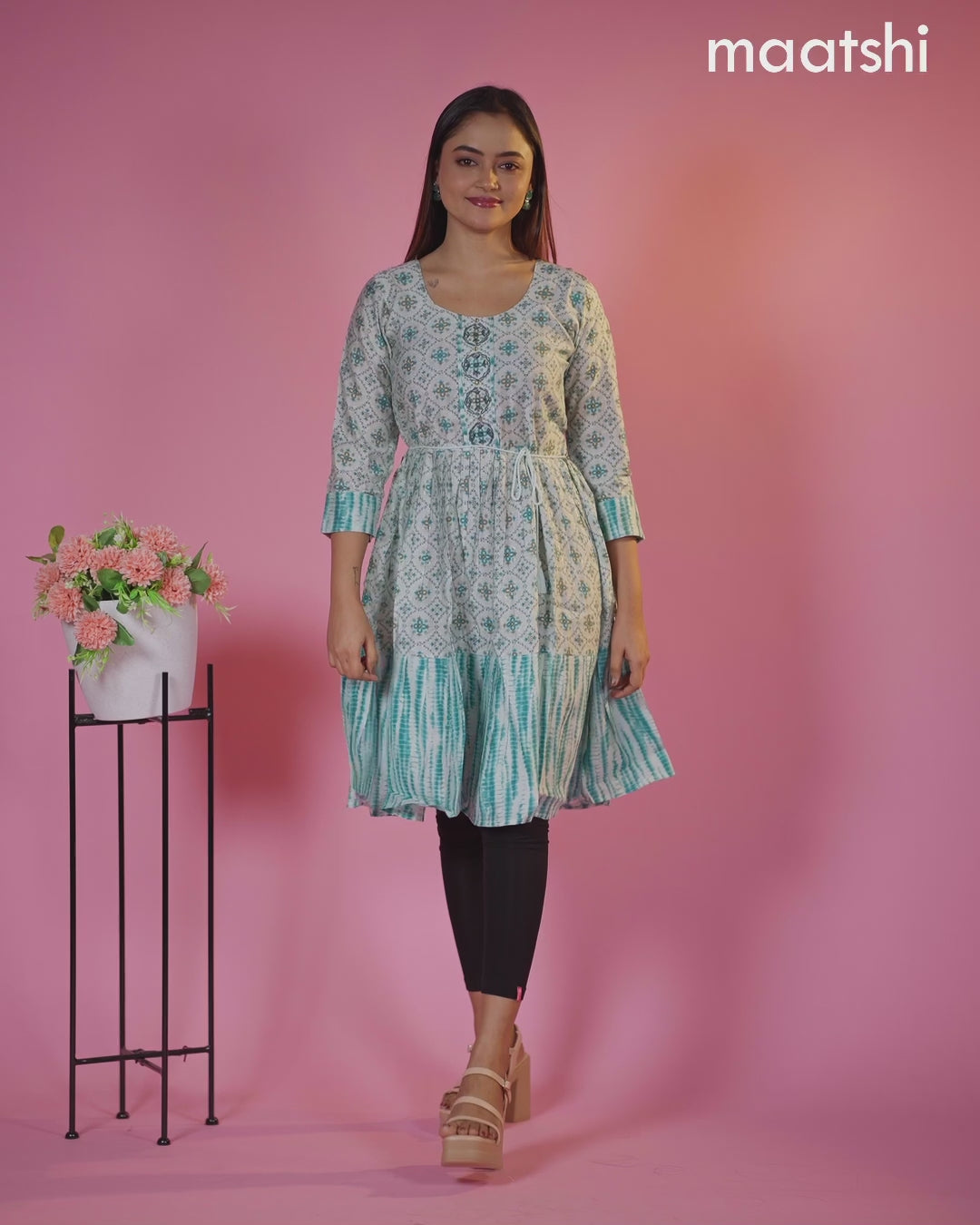 Modal readymade umbrella short kurti pastel blue with allover prints & beaded work neck pattern without pant