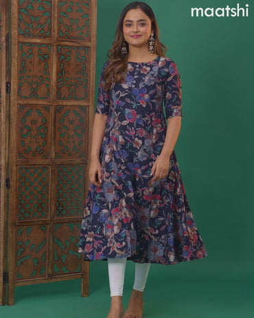 Rayon readymade anarkali kurti navy blue with allover prints & simple neck pattern and without pant