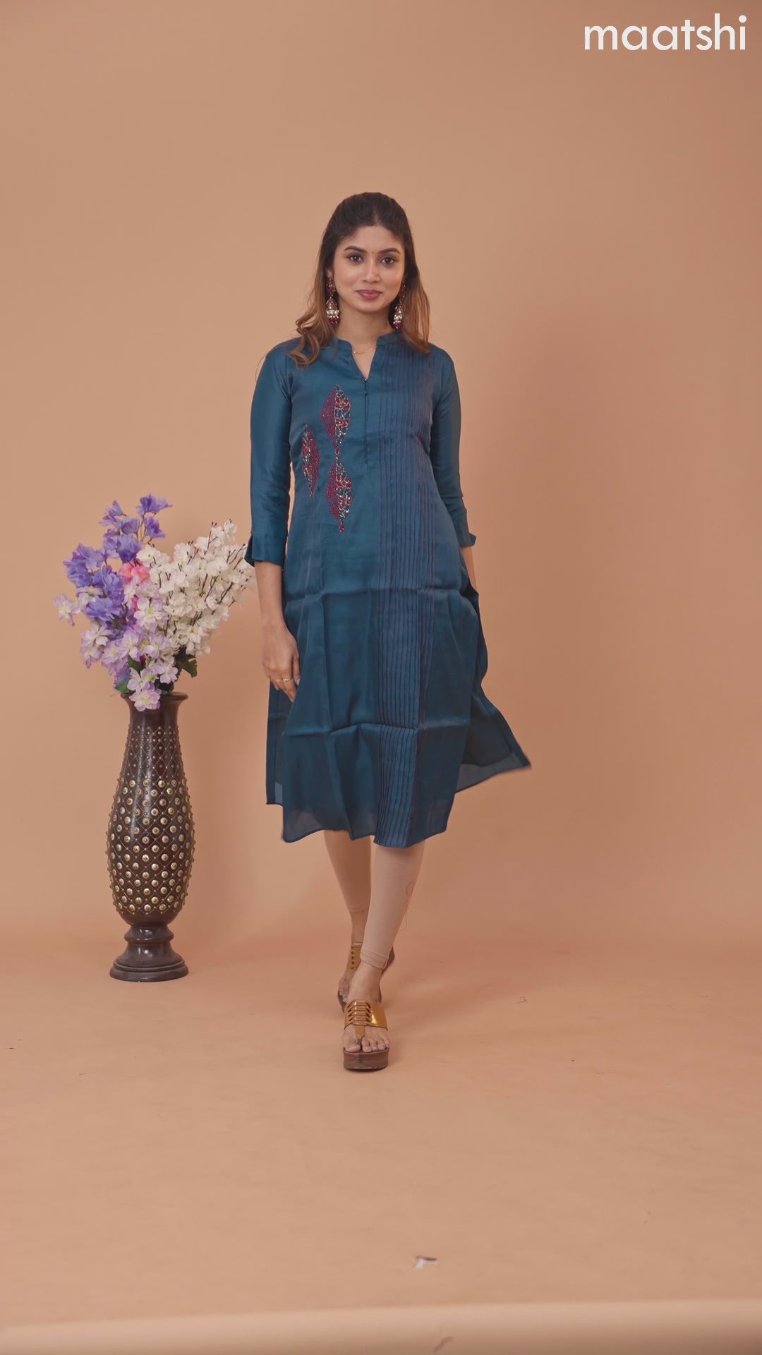 Chanderi readymade kurti peacock blue with embroidery & beaded work neck pattern without pant
