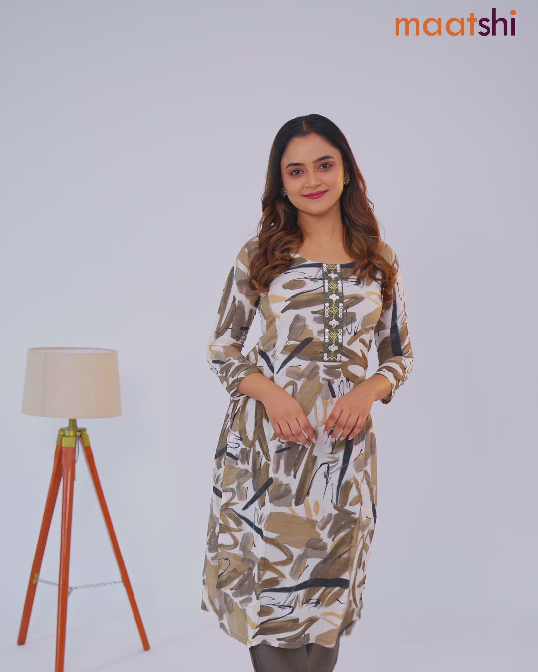 Rayon cotton readymade kurti set off white and greenish grey with allover prints & embroidery mirror work neck pattern and straight cut pant