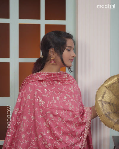 Chanderi readymade salwar suits pink with allover embroidery work buttas & sequin work neck pattern and straight cut pant & sequin work dupatta sleeve attached