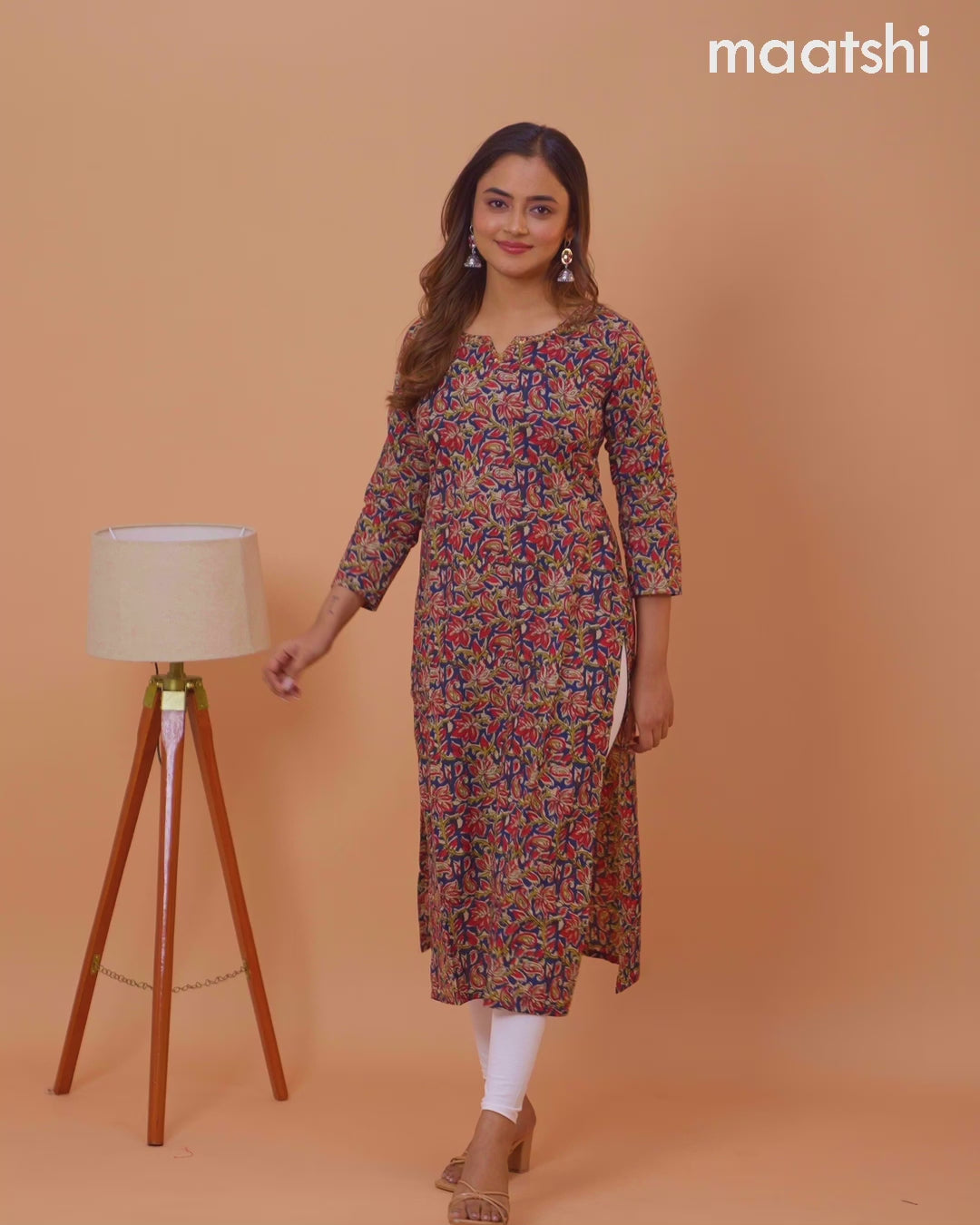 Cotton readymade kurti blue and beige with kalamkari prints & kantha stitch sequin work neck pattern and without pant
