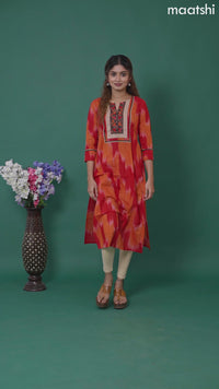 Cotton readymade kurti red and orange with allover ikat prints & ajrakh patch work neck pattern without pant