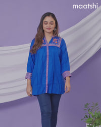 Cotton readymade short kurti royal blue with plain body & embroidery work collar neck pattern and without pant