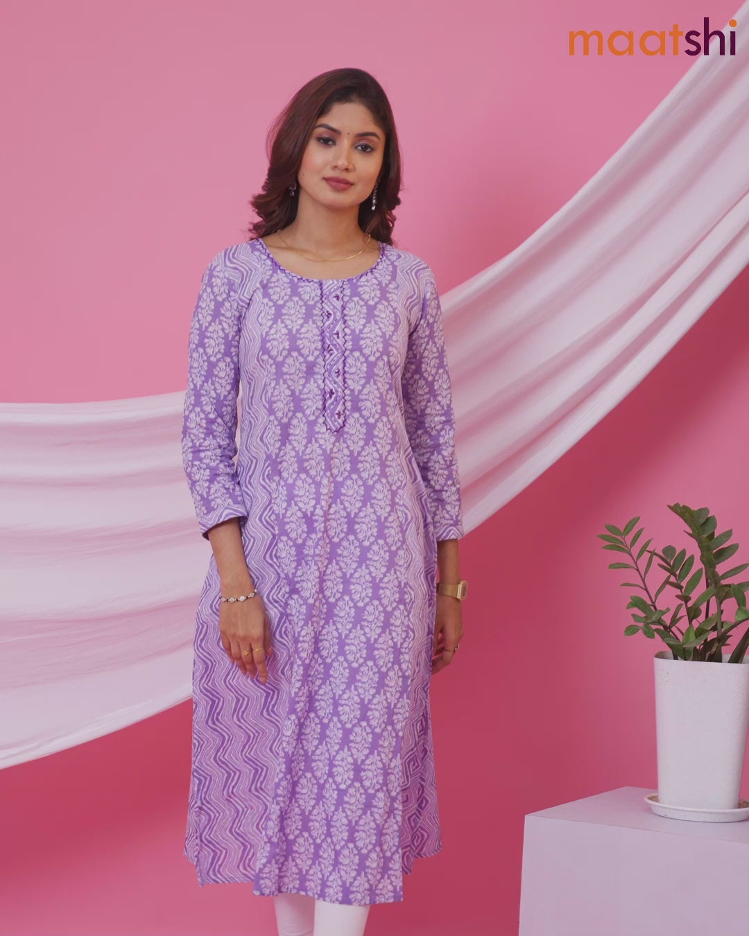 Cotton readymade A-line kurti lavender and off white with allover floral buttas & embroidery sequin work neck pattern and without pant