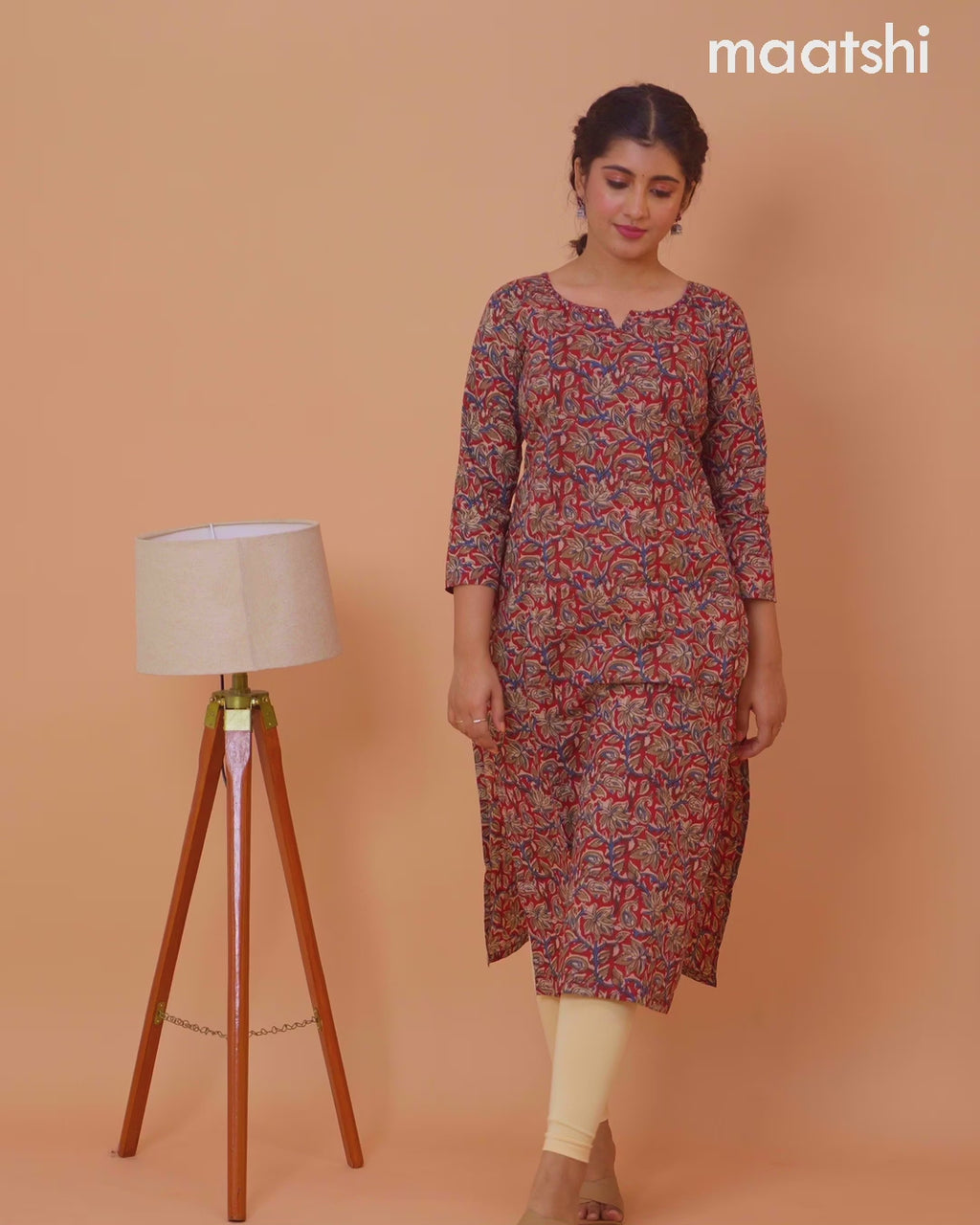 Cotton readymade kurti maroon and beige with kalamkari prints & kantha stitch sequin work neck pattern and without pant