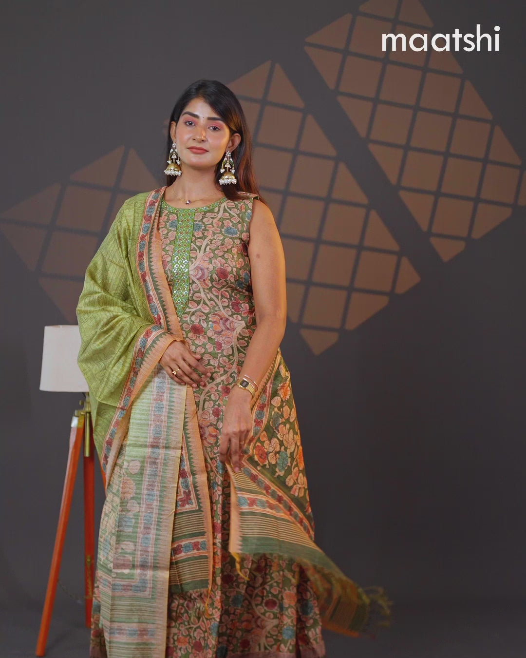 Semi chanderi readymade anarkali salwar suit green with allover kalamkari prints & embroidery knot work neck pattern and straight cut pant & dupatta sleeve attached