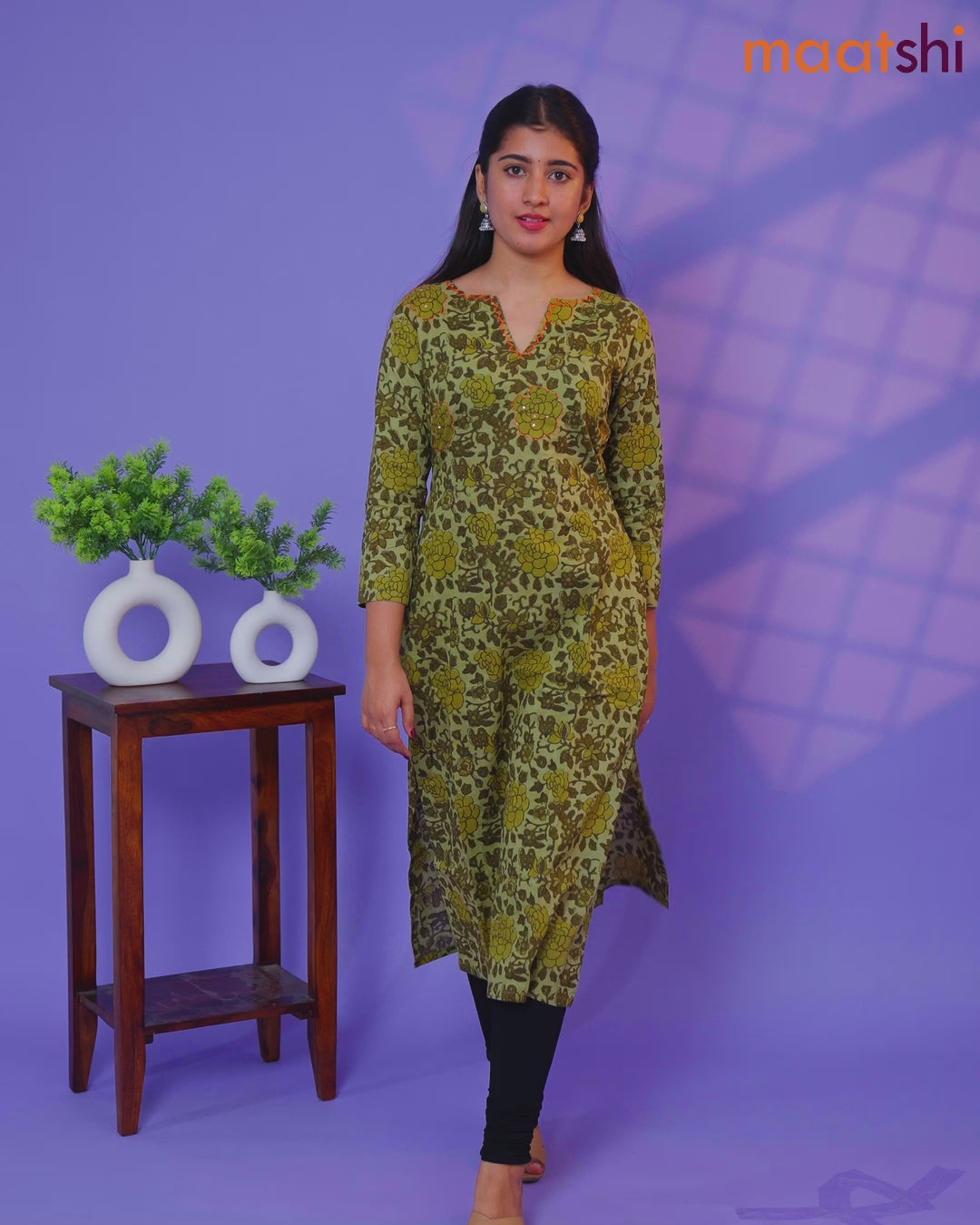 Cotton readymade kurti sap green with allover floral prints & kantha work and without pant