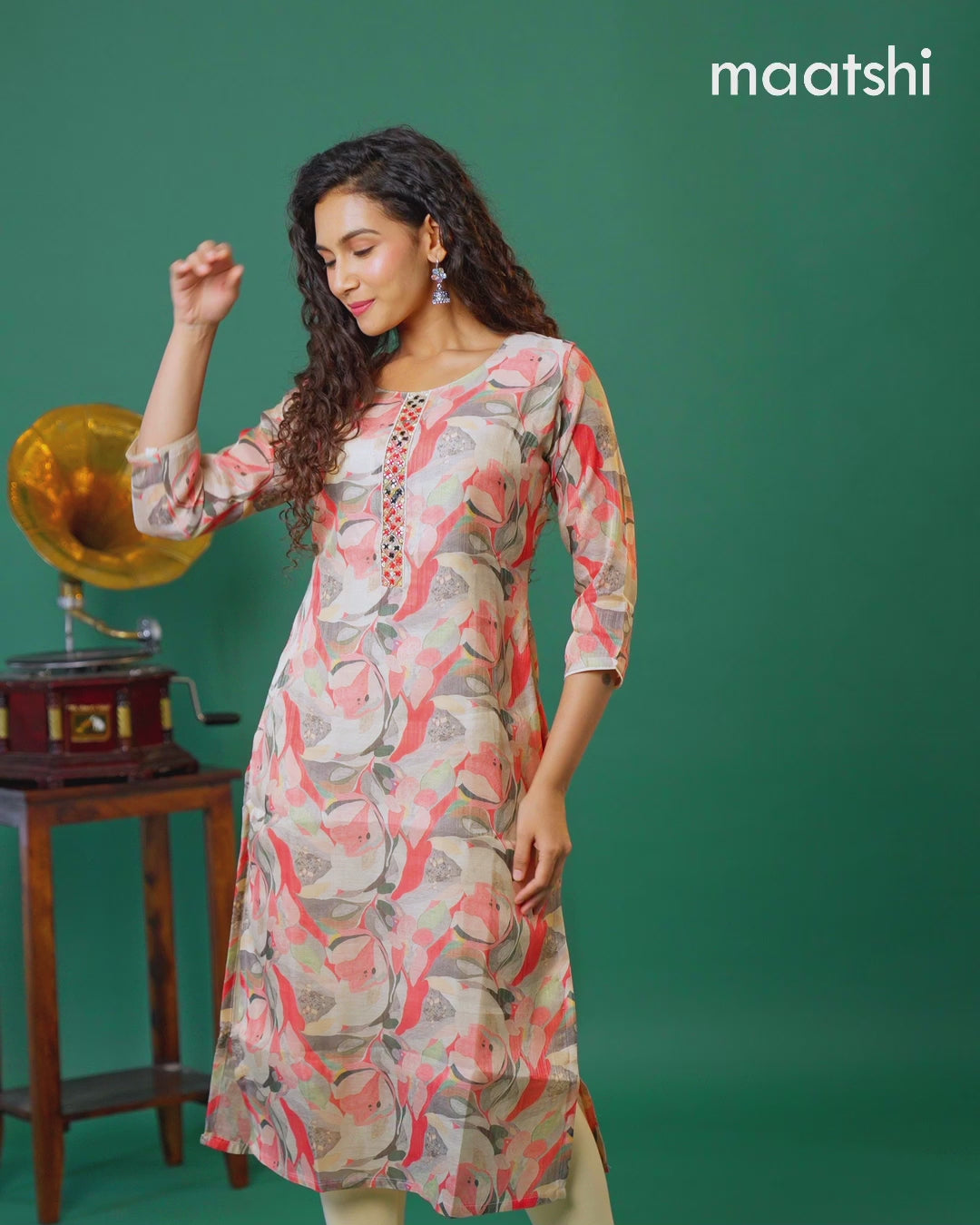 Tissue readymade kurti beige and multi colour with allover prints & beaded mirror work neck pattern and without pant