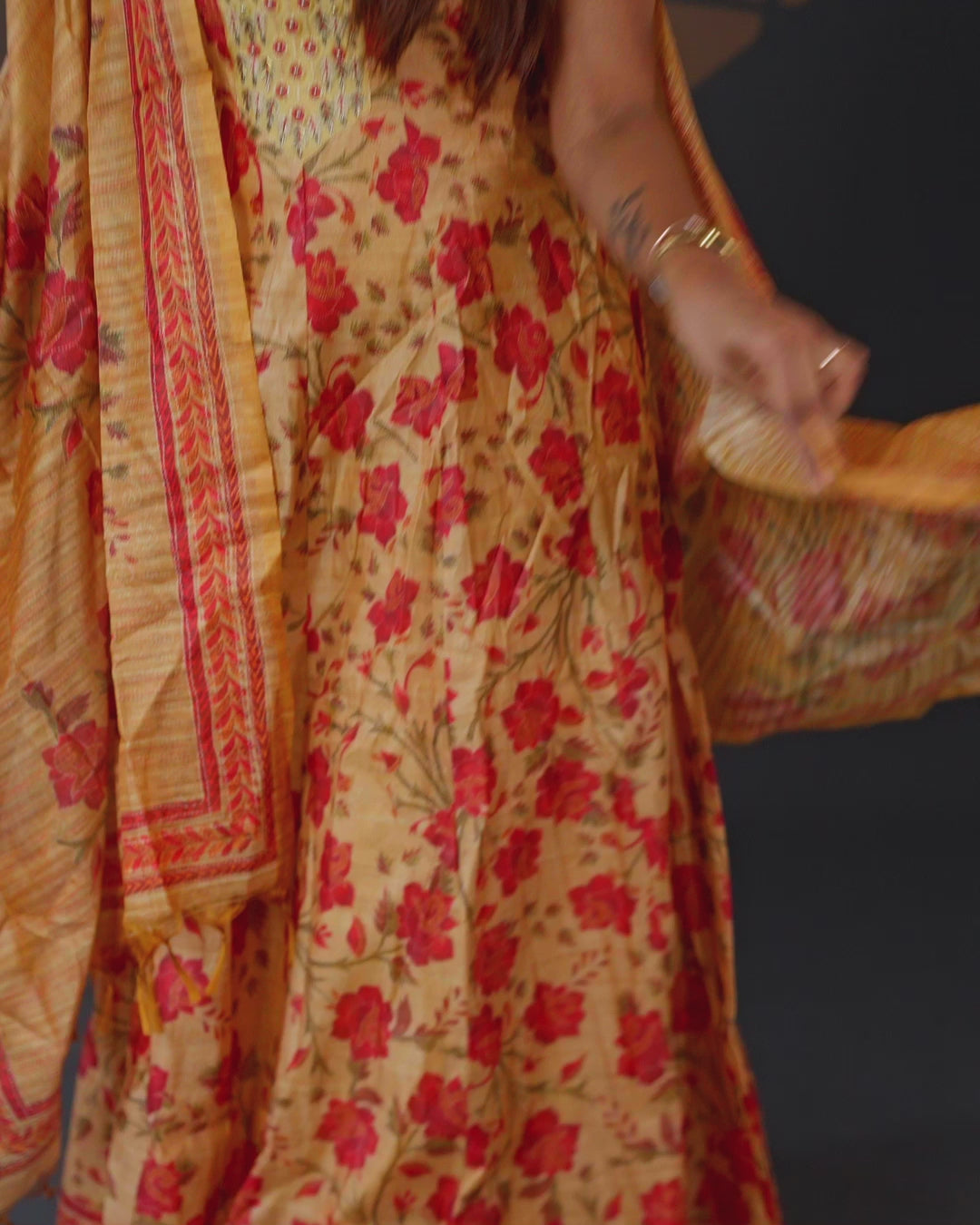 Chanderi readymade anarkali salwar suit mustard shade with allover prints & zardosi work neck pattern and straight cut pant & printed dupatta