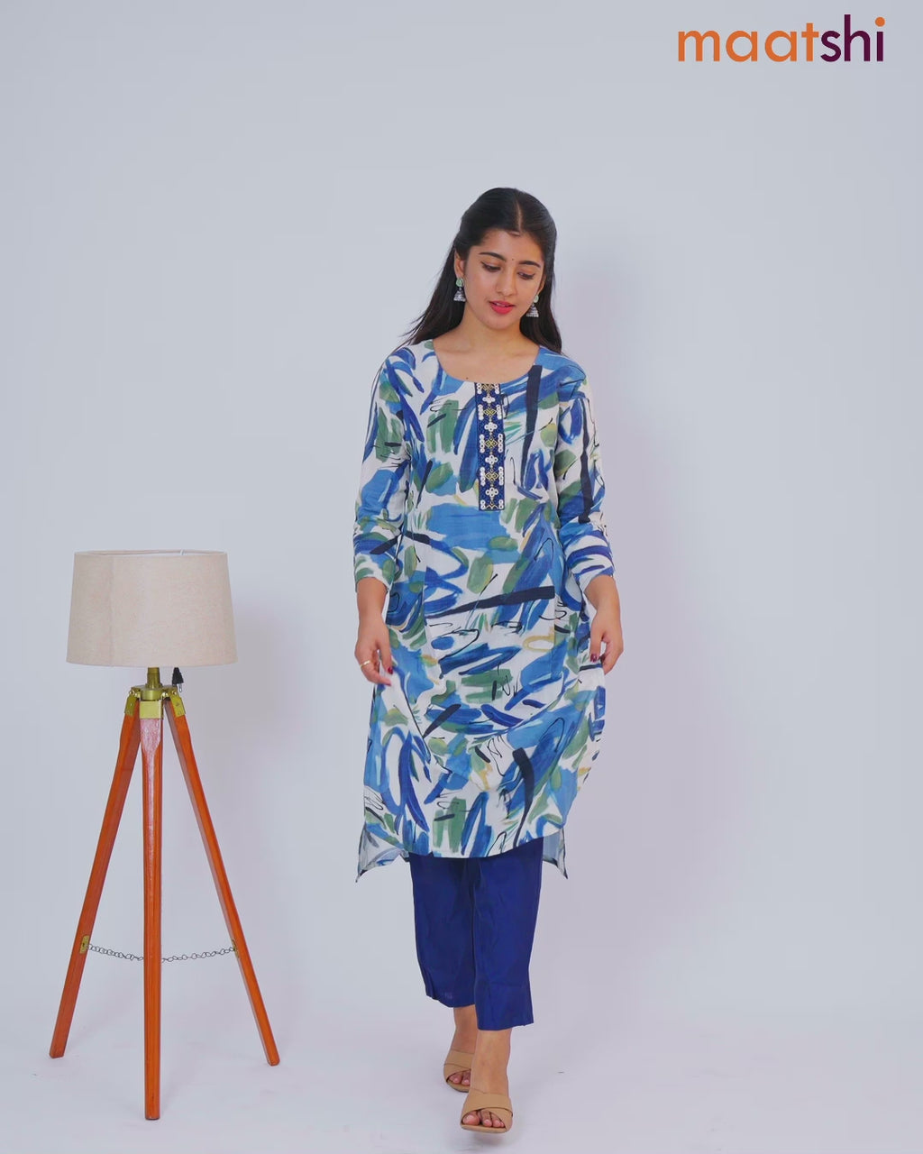 Rayon kurti set off white and navy blue with allover prints & embroidery mirror work neck pattern and straight cut pant