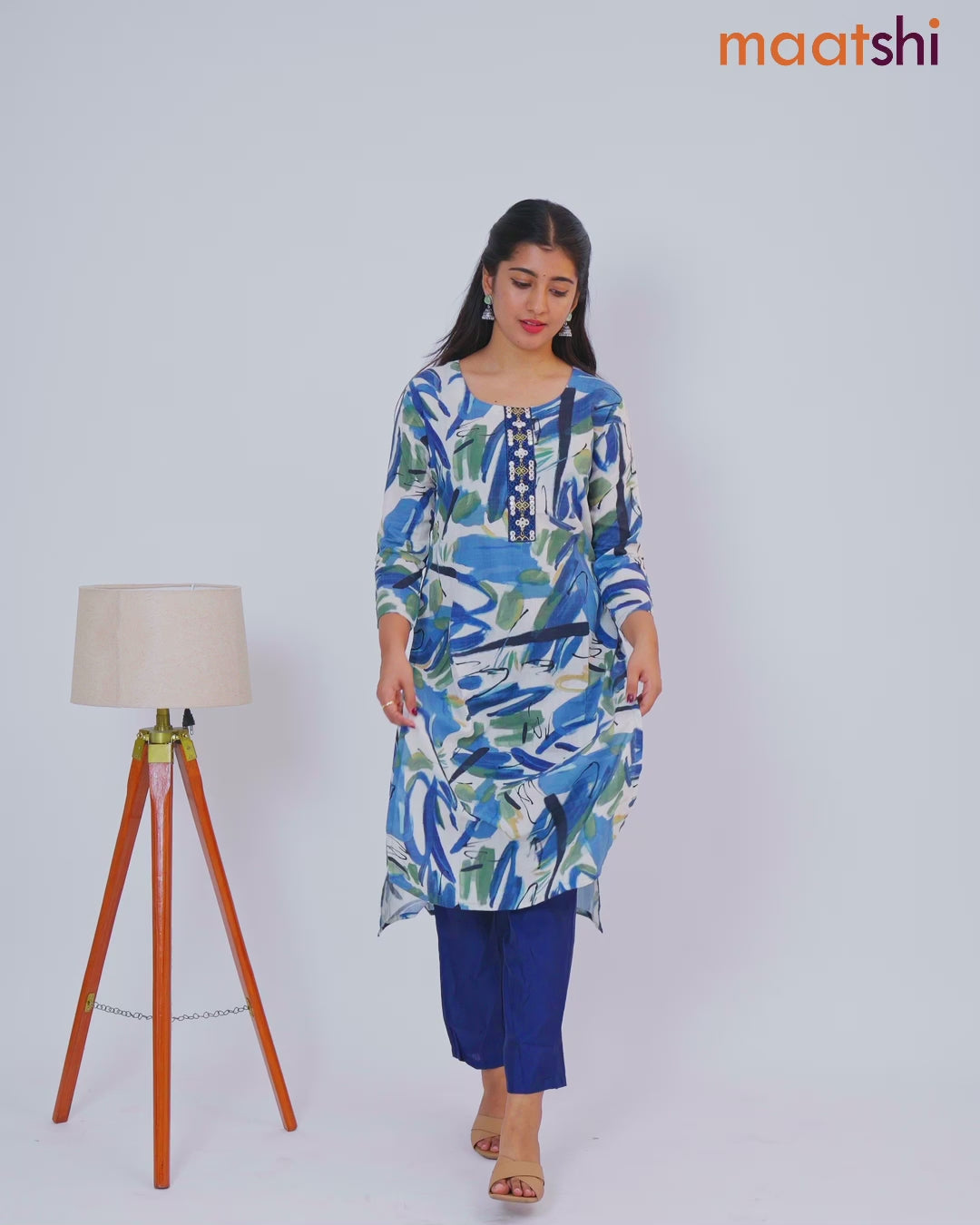 Rayon kurti set off white and navy blue with allover prints & embroidery mirror work neck pattern and straight cut pant
