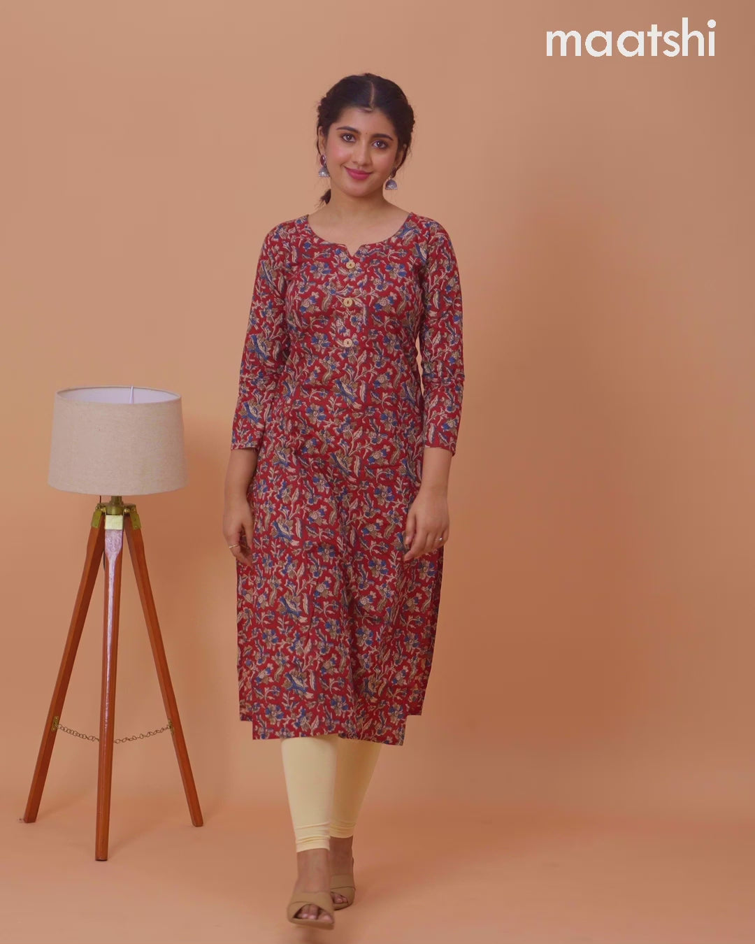 Cotton readymade kurti maroon with kalamkari prints & simple neck pattern and without pant
