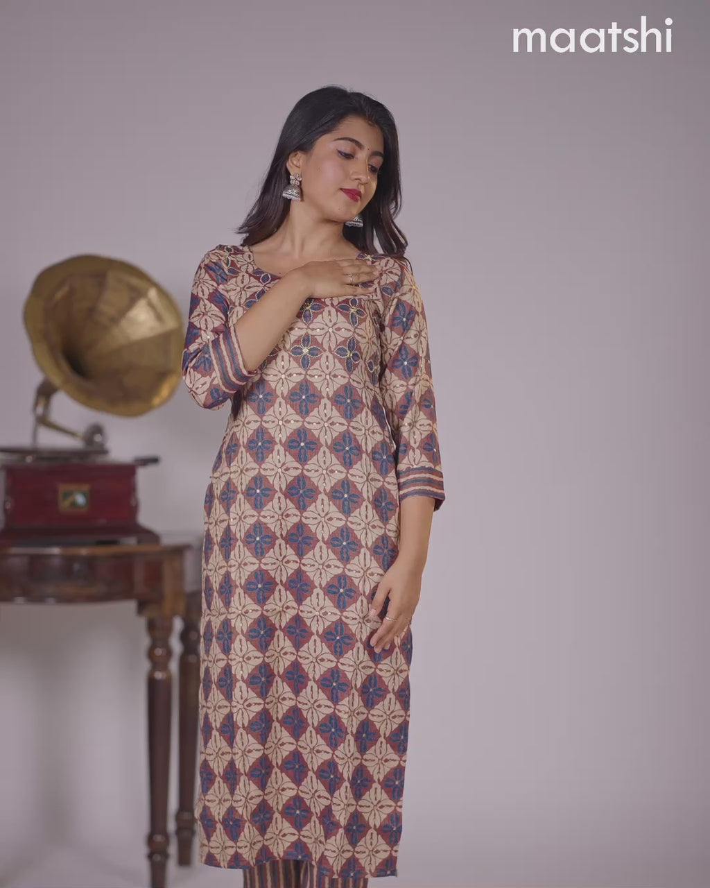 Cotton kurti maroon shade and beige with allover prints & embroidery miirror work neck pattern and straight cut pant