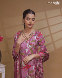 Floral prints readymade salwar suit purple and multi color with embroidery mirror work v neck pattern and straight cut pant & modal dupatta