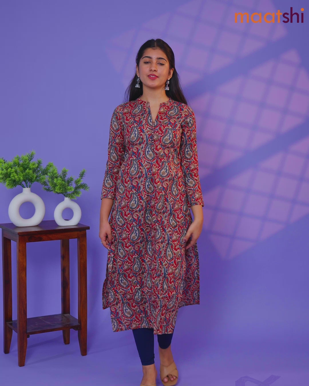Cotton kurti cream and maroon blue with allover kalamkari prints & simple neck pattern and without pant