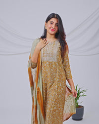 Modal readymade salwar suit mustard shade and pastel grey with allover prints & sequin work neck pattern and straight cut pant & chiffon sequin work dupatta