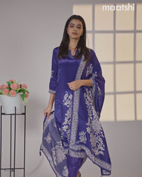 Crepe silk salwar suit blue with placement prints & beaded work neck pattern and straight cut pant & dupatta