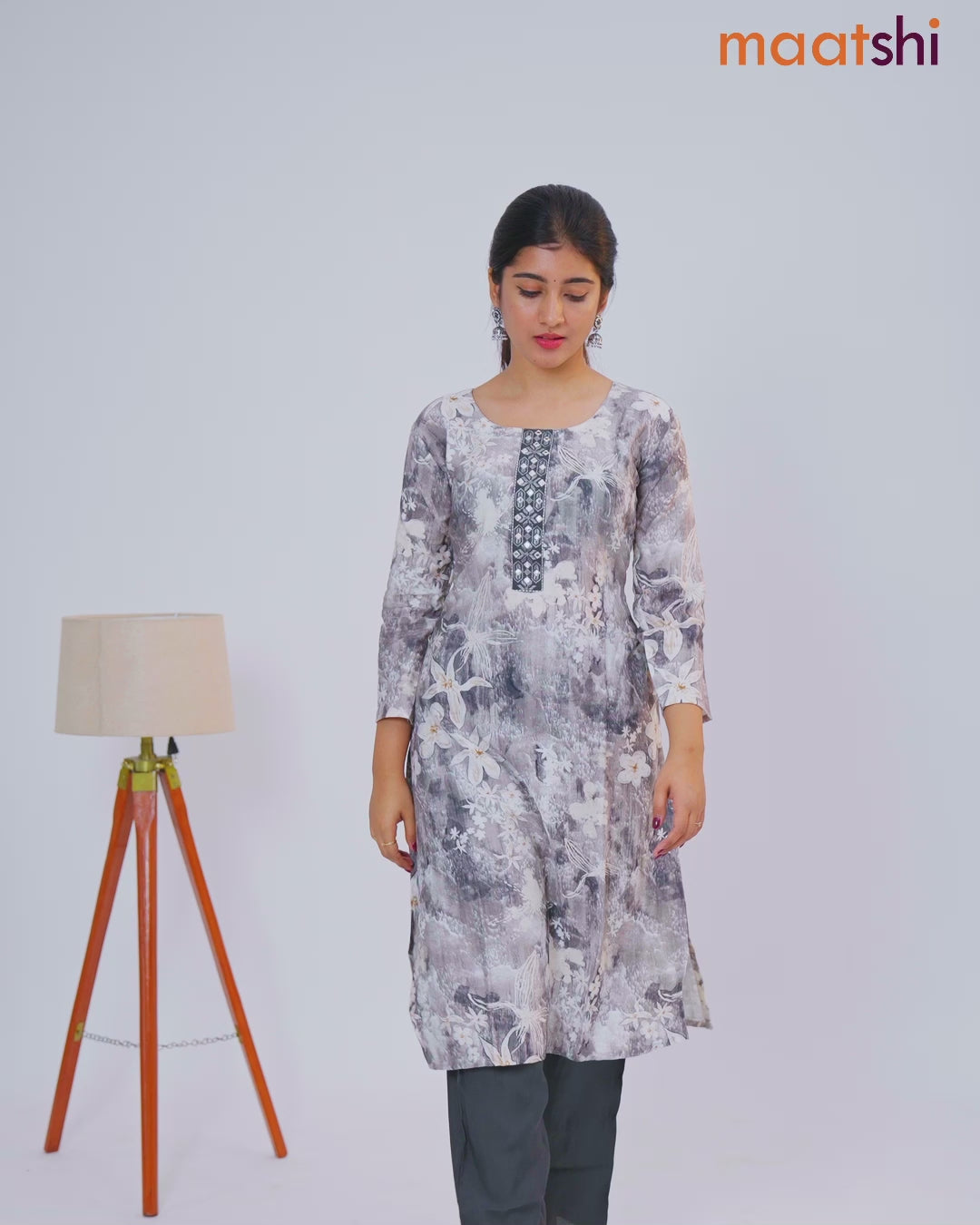 Rayon cotton readymade kurti set off white and dark grey with allover floral prints & embroidery mirror work neck pattern and straight cut pant