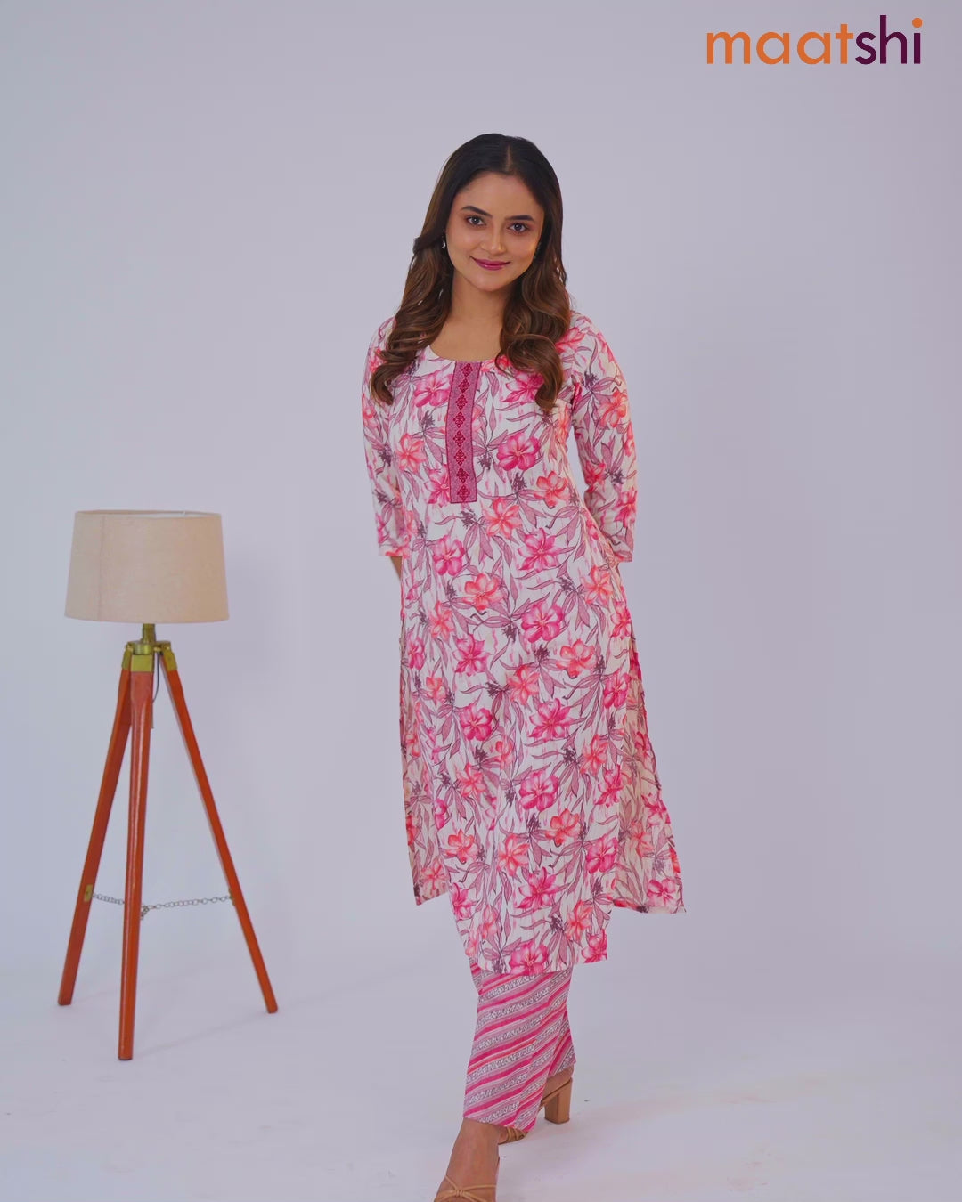Rayon kurti set cream and pink with allover floral prints & embroidery work neck pattern and straight cut pant
