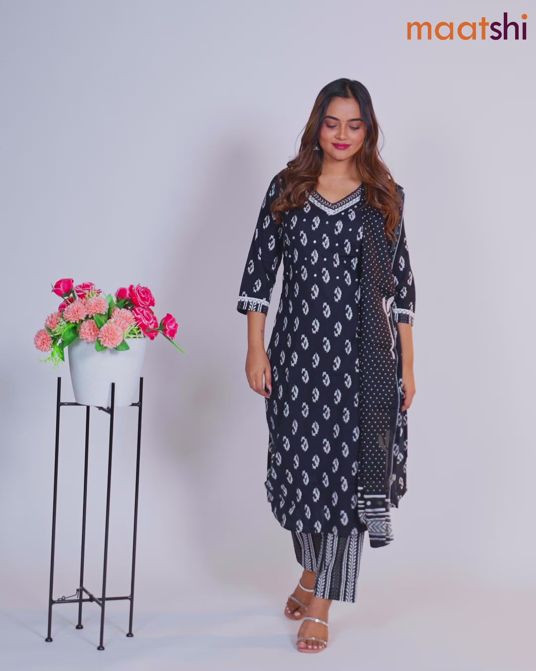 Cotton readymade salwar suit black and white with allover ikat butta prints mirror work & lace work v neck pattern and straight cut pant & dupatta