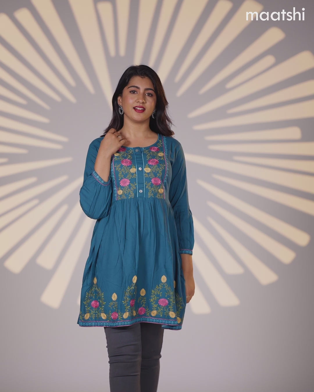 Cotton umbrella short kurti peacock blue with plain body & embroidery work neck pattern and without pant