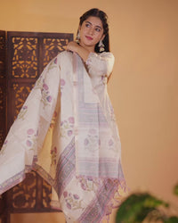 Chanderi salwar suit cream and pastel purple with kalamkari butta prints & embroidery beaded work v neck pattern and straight cut pant & dupatta