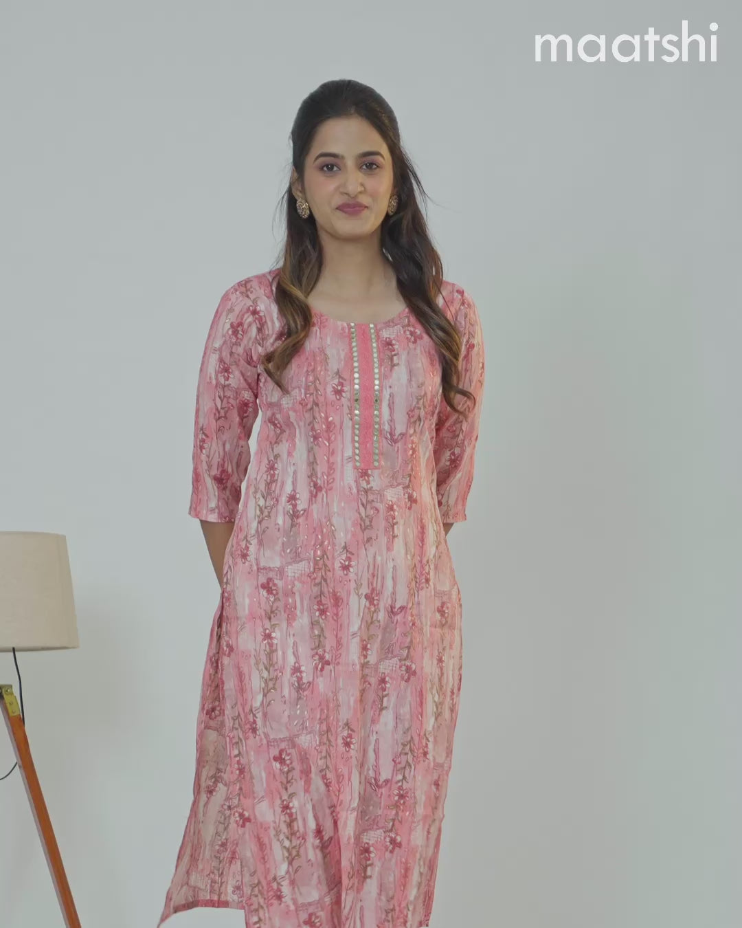 Rayon readymade kurti set peach pink with allover prints & embroidery work neck pattern and straight cut pant