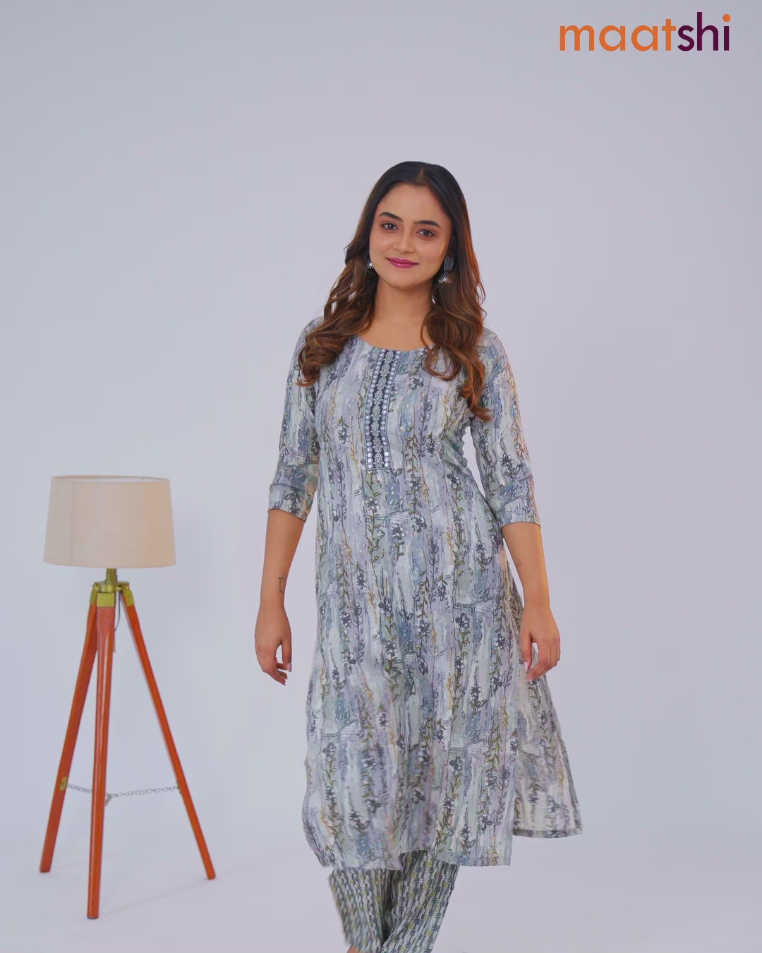 Rayon cotton readymade kurti set grey with allover floral prints & embroidery mirror work neck pattern and straight cut pant