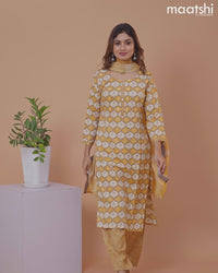 Rayon salwar suit mustard yellow and off white with allover prints & mirror work neck pattern and straight cut pant & dupatta