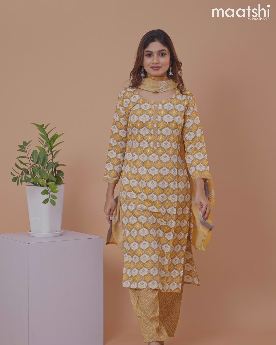 Rayon salwar suit mustard yellow and off white with allover prints & mirror work neck pattern and straight cut pant & dupatta