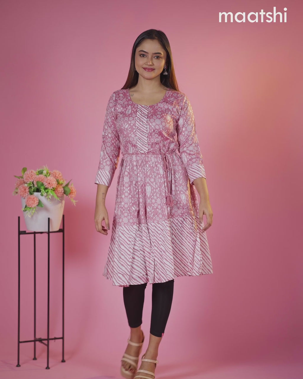 Cotton readymade short umbrella kurti mauve pink with allover floral batik prints & embroidery work neck pattern without pant