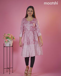 Cotton readymade short umbrella kurti mauve pink with allover floral batik prints & embroidery work neck pattern without pant