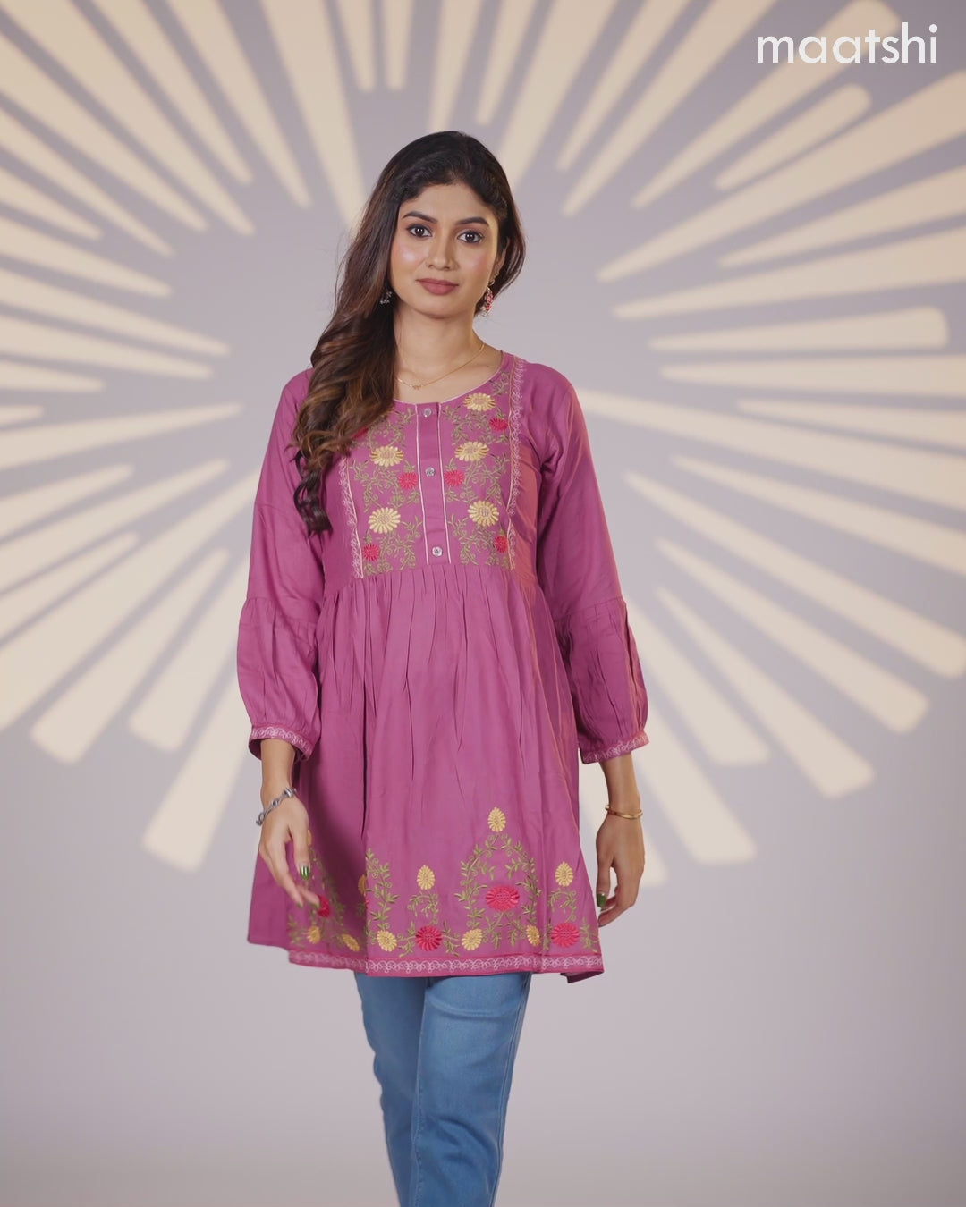 Cotton umbrella short kurti onion pink with plain body & embroidery work neck pattern and without pant