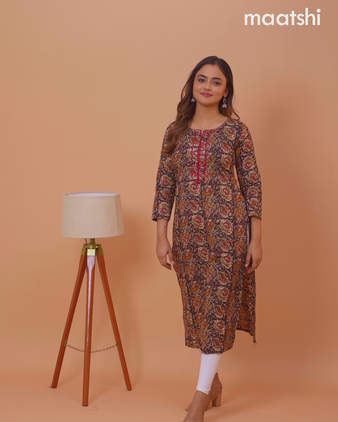 Cotton readymade kurti black with kalamkari prints & embriodery sequin work neck pattern and without pant