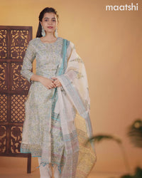 Chanderi salwar suit cream and light blue with allover kalamkari prints & embroidery zardosi work neck pattern and straight cut pant & dupatta