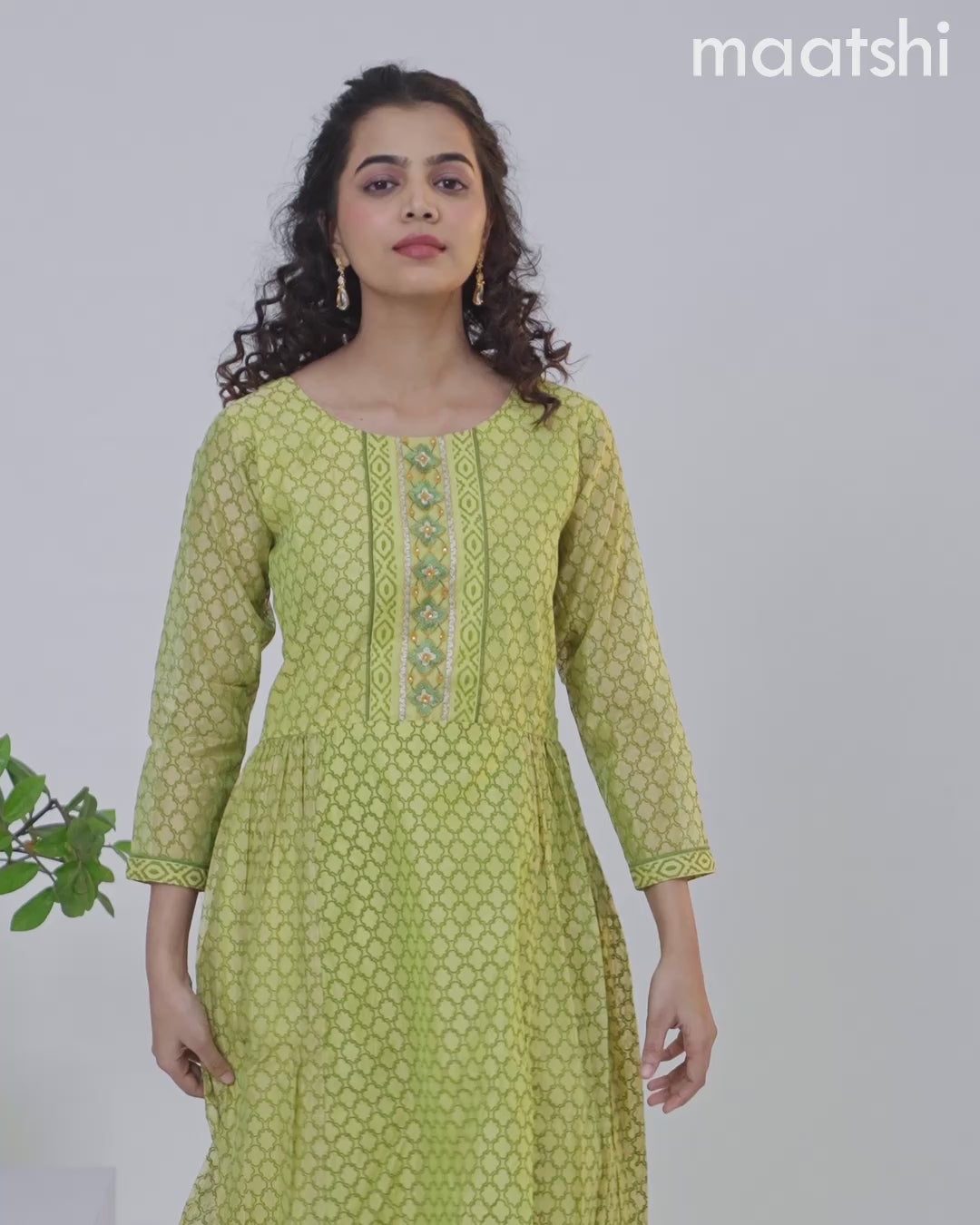 Chanderi floor length dress lime green with allover geometric prints & embroidery patch work neck pattern without pant