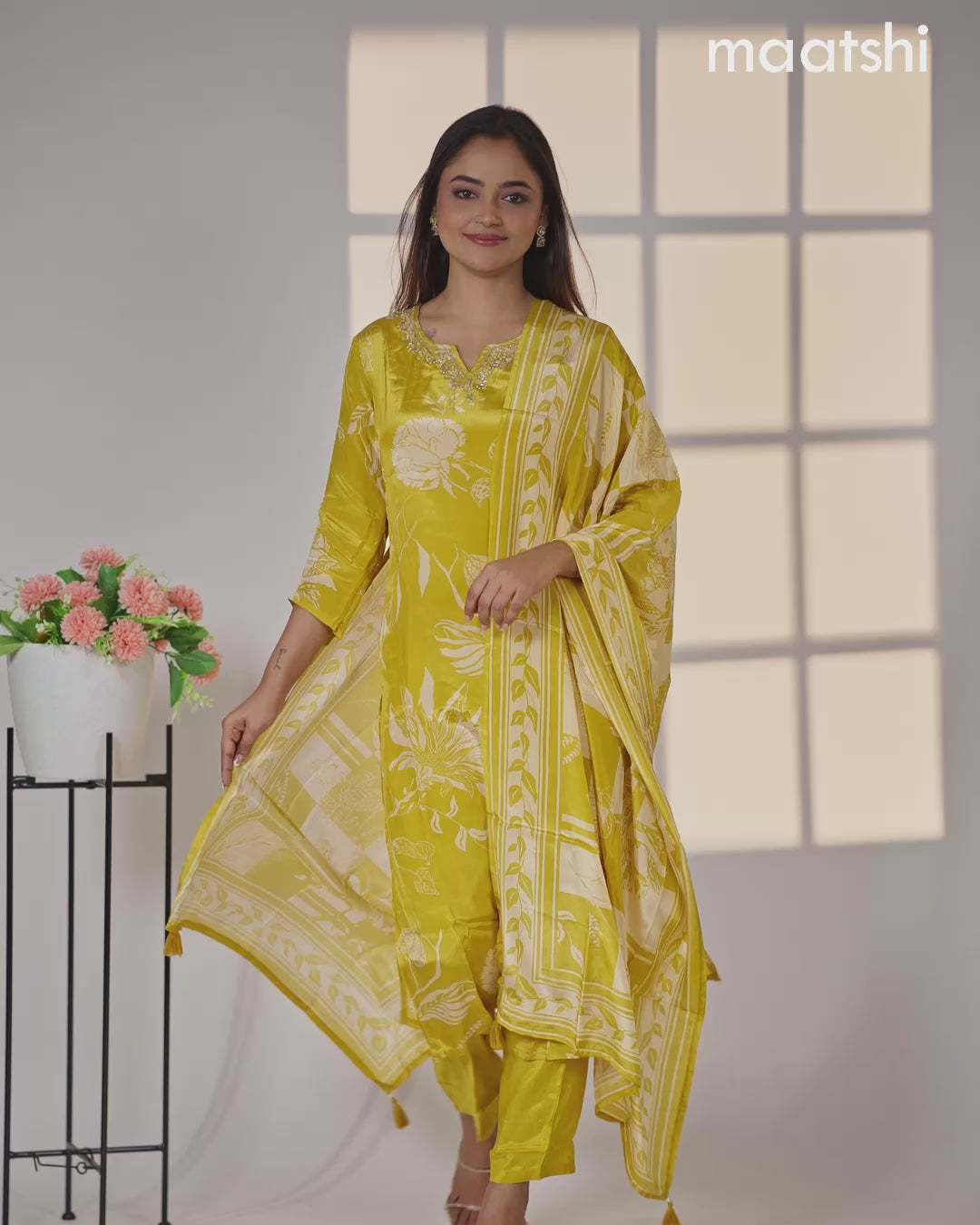 Crepe silk salwar suit mustard yellow with placement prints & beaded work neck pattern and straight cut pant & dupatta