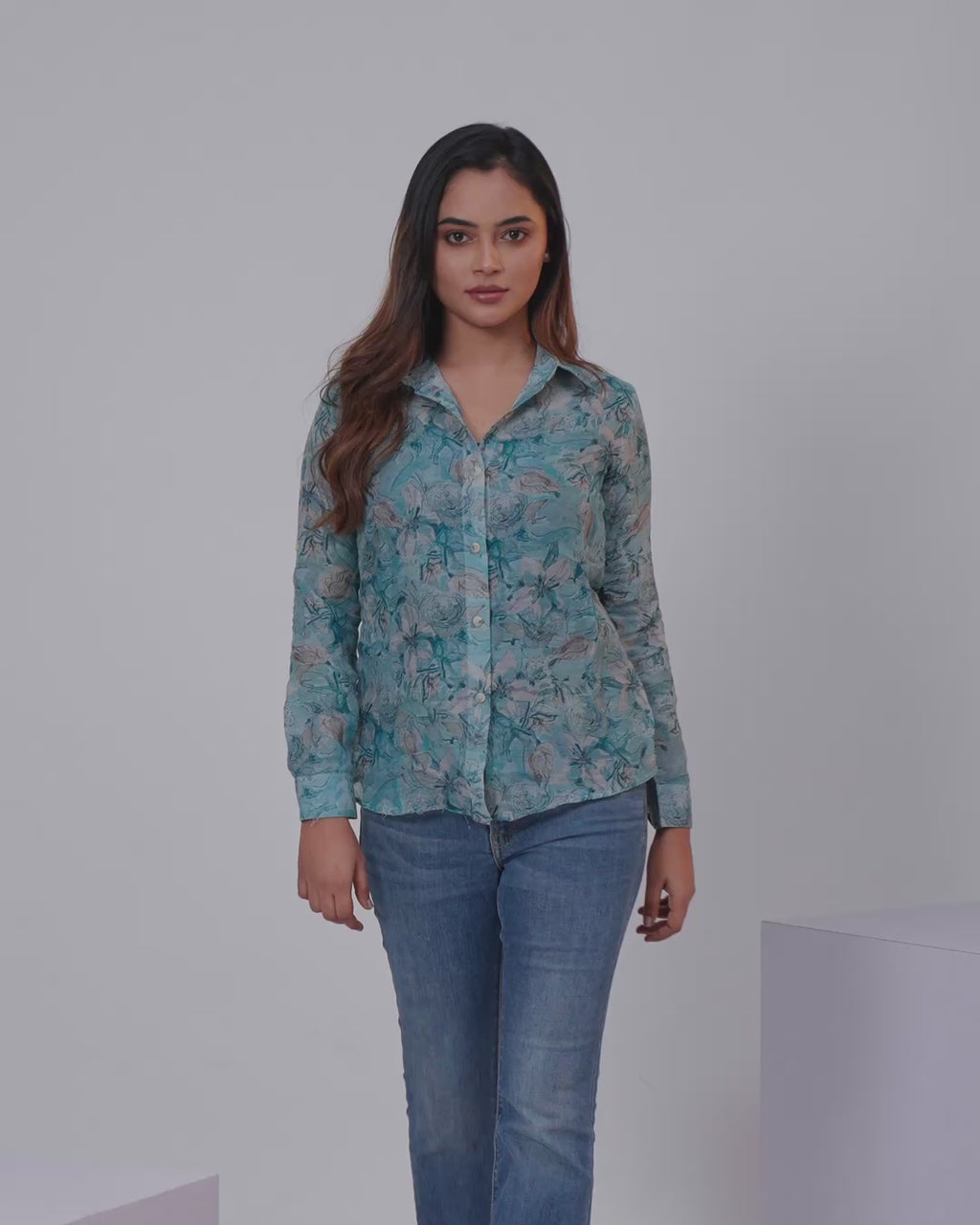 Women's shirt pastel blue and grey with allover floral prints and collar neck pattern