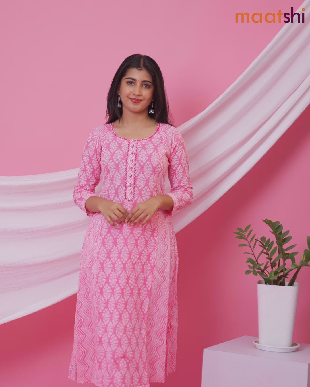Cotton readymade A-line kurti pink and off white with allover floral buttas & embroidery sequin work neck pattern and without pant