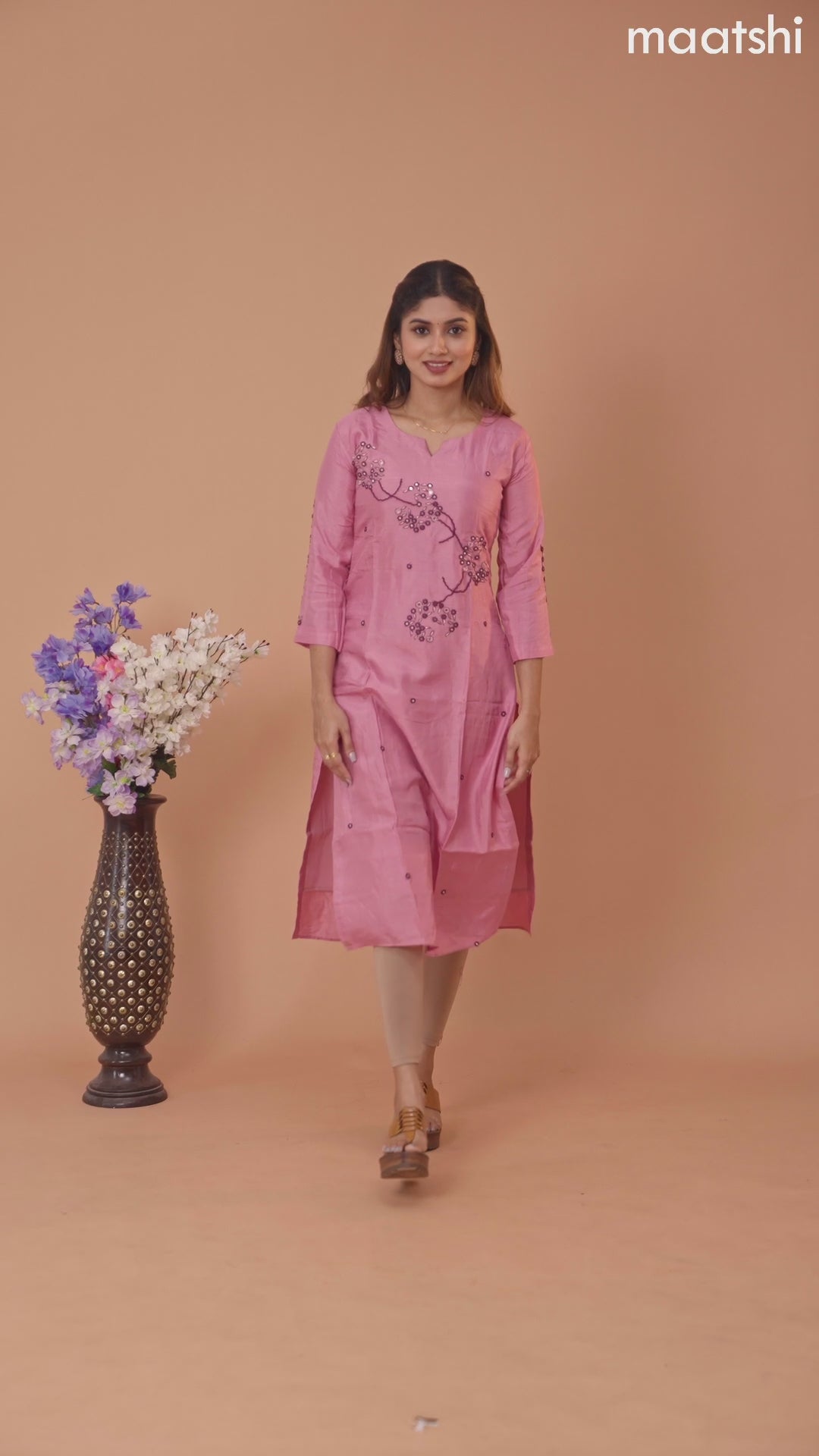 Chanderi readymade kurti mauve pink with allover mirror & embroidery work without pant