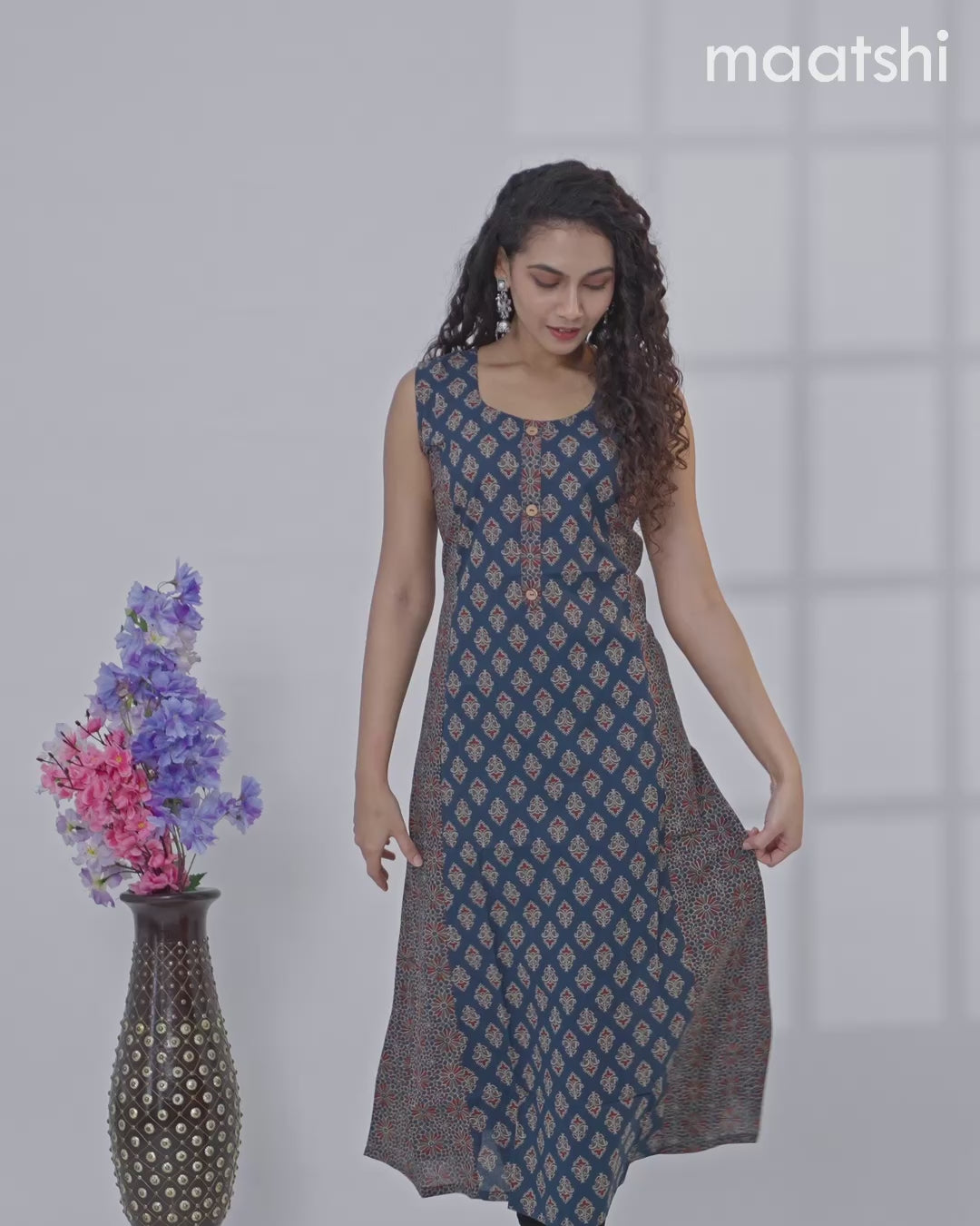 Cotton anarkali kurti dark blue with allover butta prints & simple neck pattern without pant - sleeve attached